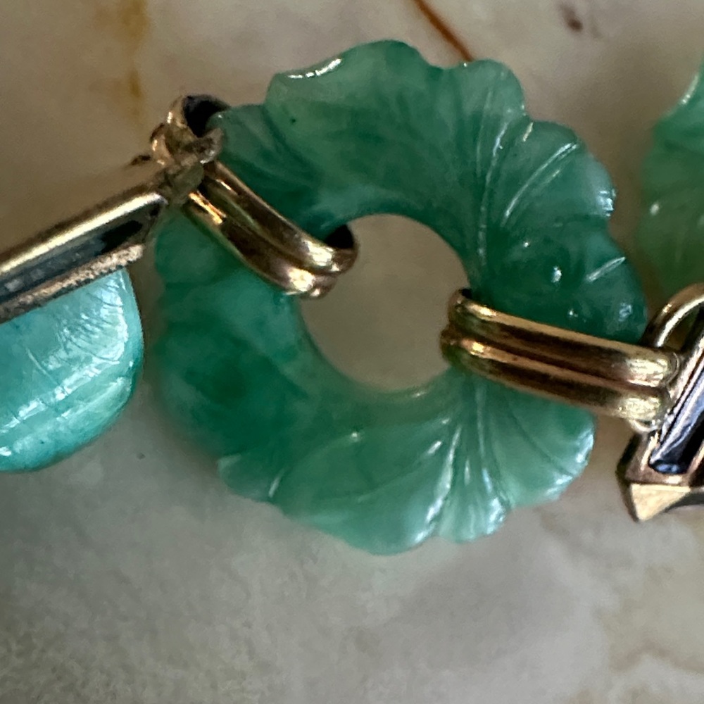 Carved Green Stone Link Bracelet with Gold Accents - Picture 9 of 9